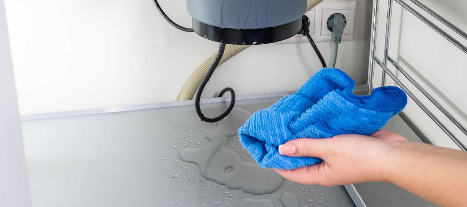 a homeowner holding a blue towel while cleaning up a puddle of water inside the cabinet underneath the kitchen sink